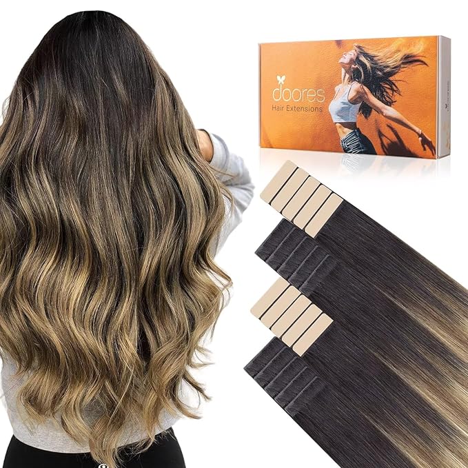 DOORES Invisi Edge Tape in Extensions Human Hair, Dark Brown to Dirty Blonde 10 Injection Tape-ins with 10 Classic Tape-ins 50g 18 Inch, Injection Tape in Extensions Thick Ends