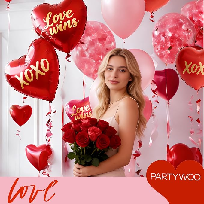 PartyWoo Valentine's Balloons 15pcs 18 Inch Foil Love XOXO Red Heart Balloons - Image 2