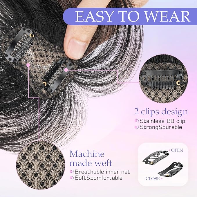 Hairro Clip On Bangs Human Hair Bangs Hair Clip In Bangs 3D 360°Cover Topper With Bangs Wispy Air Bangs Hair Pieces Fake Bangs For Women 8 Inches 10g #01 Dark Black