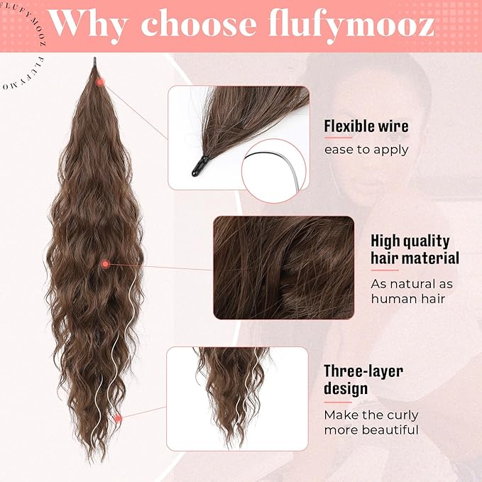 Flufymooz Ponytail Extension, Flexible Wrap Around Ponytail Hair Long Wavy Curly Hair Extensions Natural pony tail Synthetic Hairpiece for Women 32 Inch (Medium Chocolate Brown)