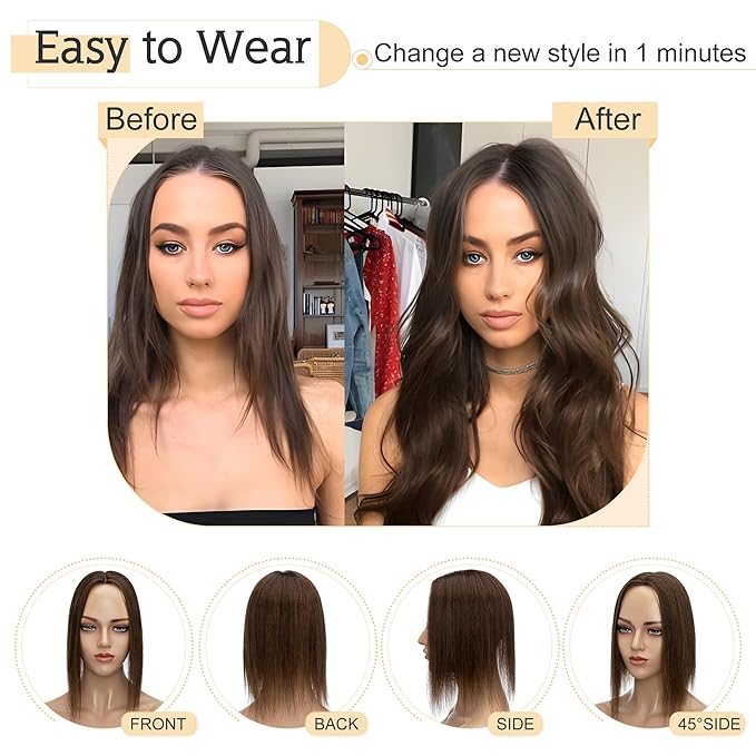 SEGO Human Hair Toppers for Women With Thinning Hair, 7 * 13CM Silk Base 100% Real Human Hair Clip in Top Wiglet Hairpieces -6 Inch No Bangs Medium Brown