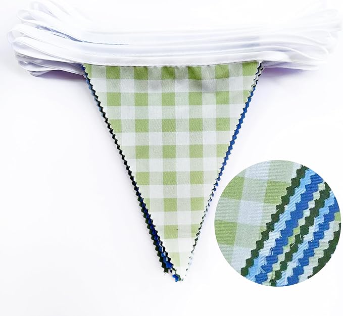 32Ft Blue Green Party Decorations Dusty Blue Sage Green Gingham Fabric Triangle - Image 2