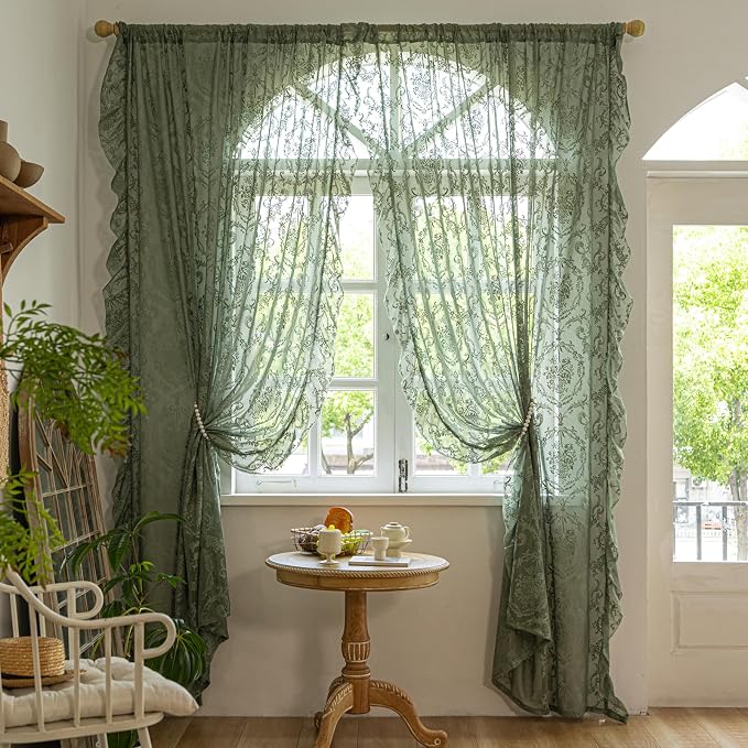 Deeprove Olive Green Sheer Lace Ruffled Curtains 72 Inch Long Pair - Image 2