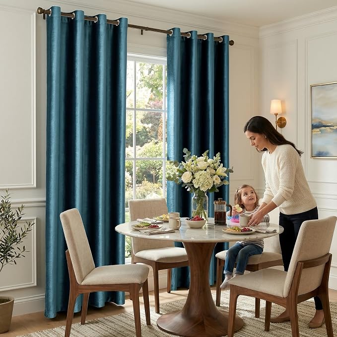 BULBUL Velvet Peacock Blue Blackout Curtains 96 inch Long - Image 4