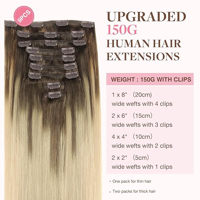 GOO GOO Clip in Hair Extensions Real Human Hair, Remy Human Hair Extensions Clip ins for Women, Natural Human Hair, 16inch 150g 9Pcs, 4/18 Balayage Chocolate Brown Highlighted Dirty Blonde