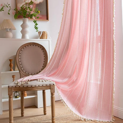 Linen Boho Pink Embroidered Curtains - Image 9