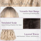 BARSDAR Blonde Ombre Short Wavy Wig with Bangs - Short Wavy Blonde Ombre Wig for Women - Fluffy Soft Synthetic Dark Roots Curly Textured French Bob Wigs with Bangs Natural Looking Face-Framing