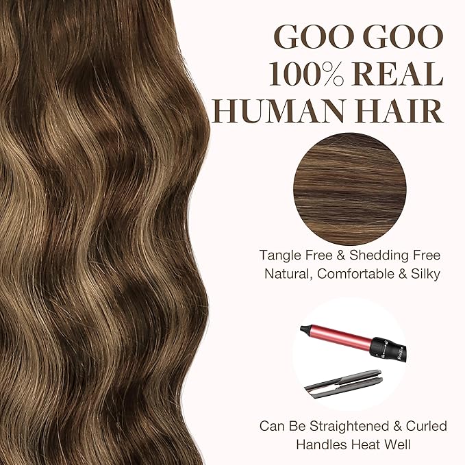 GOO GOO Tape in Hair Extensions Human Hair, 4/27/4 Balayage Chocolate Brown to Caramel Blonde, 26inch 60g 20pcs, Skin Weft Seamless Invisible, Silky Straight with Thick Ends, Remy Human Hair