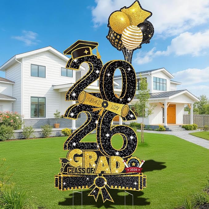 3.37FT Class of 2026 Graduations Yard Signs, Large Black & Gold 2026 Graduation by Govpy