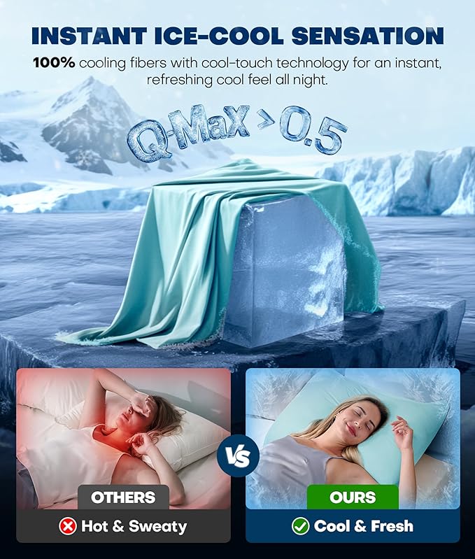 Ultra-Chill Cooling Pillowcase Set of 2 for Hot Sleepers, Softer Than Silk Pillow Cases for Protecting Hair & Skin, Breathable Bed Pillow Covers w/Zipper, Gifts for Women & Men (Mint Blue, Queen)
