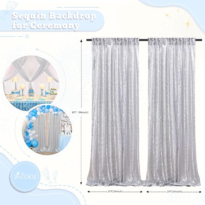 Silver Sequin Backdrop Curtains Party Photo Glitter Drapes 2 Pcs 2FTx8FT | - Image 3