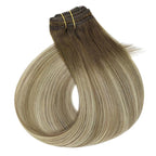 Full Shine Ombre Clip in Extensions Medium Brown to Ash Brown Mix Dirty Blonde 18 Inch Straight Clip in Hair Extensions Real Human Hair Invisible Lace Weft Clip ins Balayage Real Hair Extensions