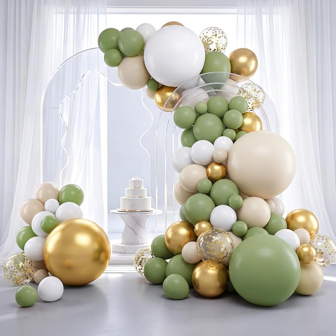 RUBFAC Sage Green White Gold Balloon Arch Kit Different Sizes 129pcs | Pack of by RUBFAC