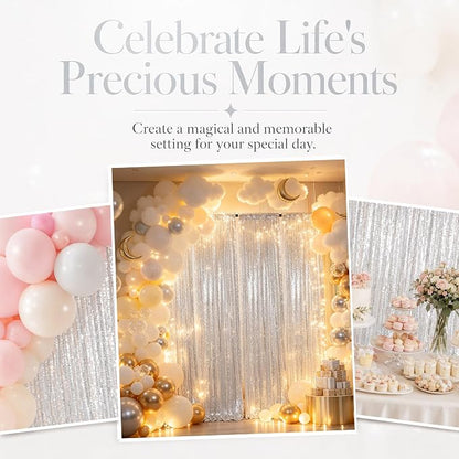 ShinyBeauty 4 Panels Silver Sequin Backdrop Curtains 2x8ft Birthday Party | - Image 5