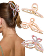 HAIMEIKANG 3 PCs Metal Acrylic Hair Bow Claw Clips - Strong Hold Non-Slip Large Gold Clips for Thick Hair
