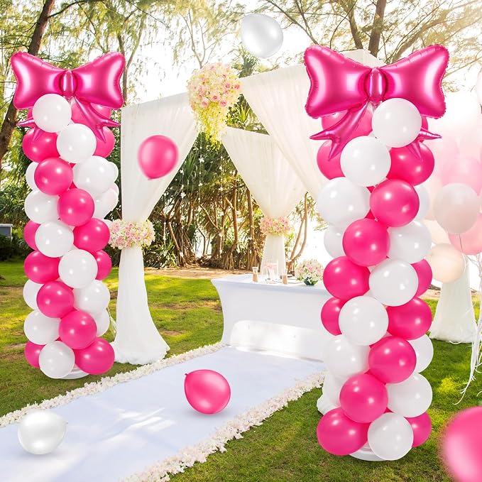 2 Sets Hot Pink White Bow Balloon Column Stand Kit Includes 2 Bows & 100 Latex - Image 7