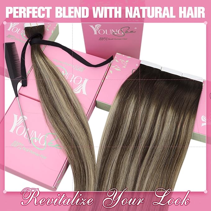 YoungSee Human Hair Tape in Extensions Dark Brown Tape in Hair Extensions Human Hair Balayage Tapes ins Human Hair Extension Dark Brown Ombre Ash Blonde Tape-in Hair Silky Straight 20 Inch 20pcs 50g