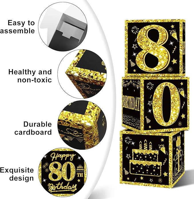 Eiurteao 3pcs Black Gold 80th Birthday Decorations Boxes - Image 5