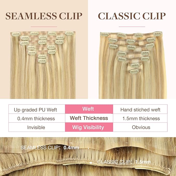 GOO GOO Clip in Hair Extensions Real Human Hair, Remy Human Hair Extensions Clip ins for Women, Natural Human Hair, 24inch 140g 7Pcs, #18D/22F Dirty Blonde Highlights