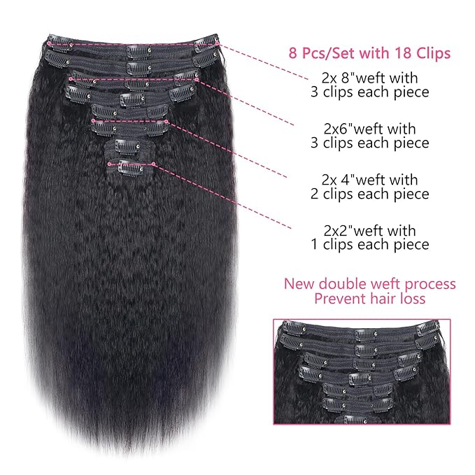 Clip in Hair Extensions Real Human Hair Clip Ins 100% Unprocessed Brazilian Virgin Hair Clip Ins Kinky Straight Hair Clip ins for Women 8pcs with 18 Clips 120g Per Set (20inch)
