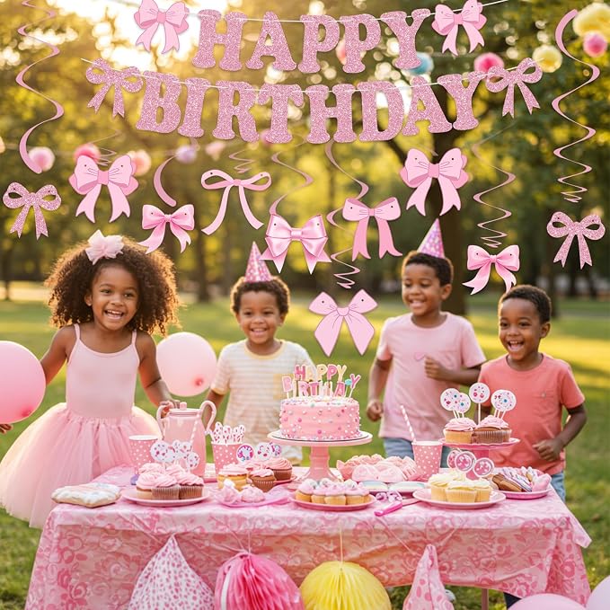 Glitter Pink Bow Happy Birthday Banner - Image 5