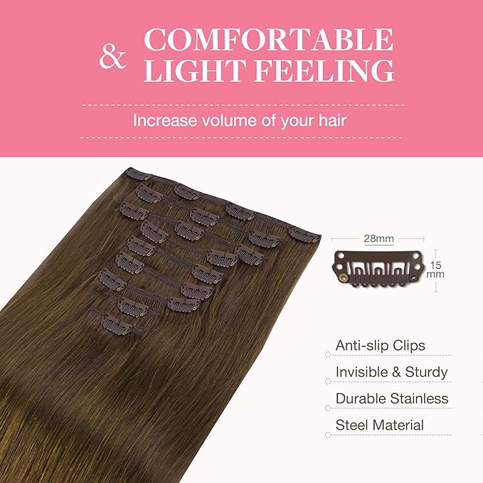 GOO GOO Clip in Hair Extensions Real Human Hair, Remy Human Hair Extensions Clip ins for Women, Natural Human Hair, 16inch 150g 9Pcs, 4A Chocolate Brown