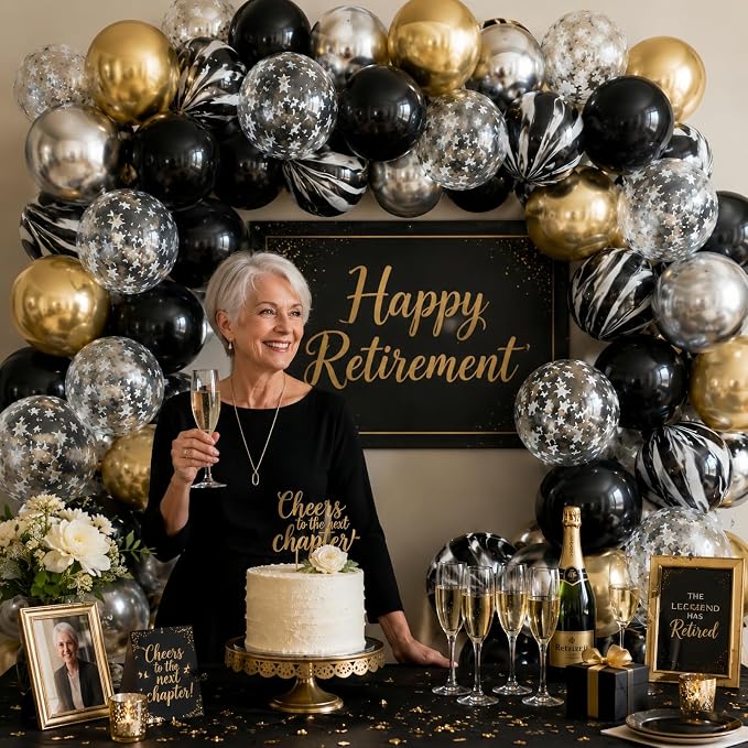 Black Gold Silver Balloon Set, 12 Inch Marble Black and Metallic Chrome Gold - Image 4