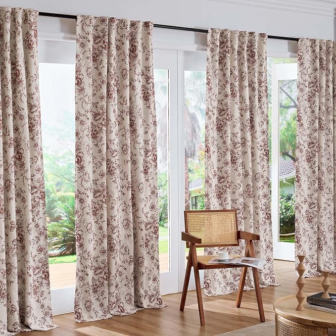 jinchan Red Floral Linen Blackout Curtains Lined 84 Inch Back Tab 2 Panels | - Image 7