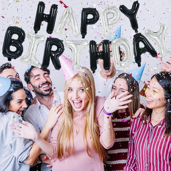 TONIFUL 16 Inch Black Silver Happy Birthday Balloon Banner Decor - Image 4