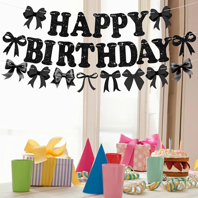 Glitter Black Bow Happy Birthday Banner Pre-Strung Coquette Birthday - Image 5