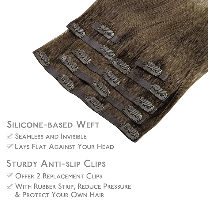 WENNALIFE Seamless Clip In Hair Extensions, 22 Inch 7pcs 150g Ombre Walnut Brown to Ash Brown and Bleach Blonde, Invisible PU Weft Natural Real Human Hair Extensions