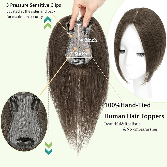 Hair Toppers for Women Real Human Hair, 360°3D Bangs Clip Human Toppers for Women with Thinning hair Realistic Scalp Line (Medium Brown, 3D Side Bangs (11 * 7))