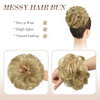 FESHFEN Messy Bun Hair Pieces - Large Wavy Curly Elastic Hair Bun Scrunchies Ponytail Extensions Synthetic Chignon Hairpieces for Women, Golden Blonde 1.94oz