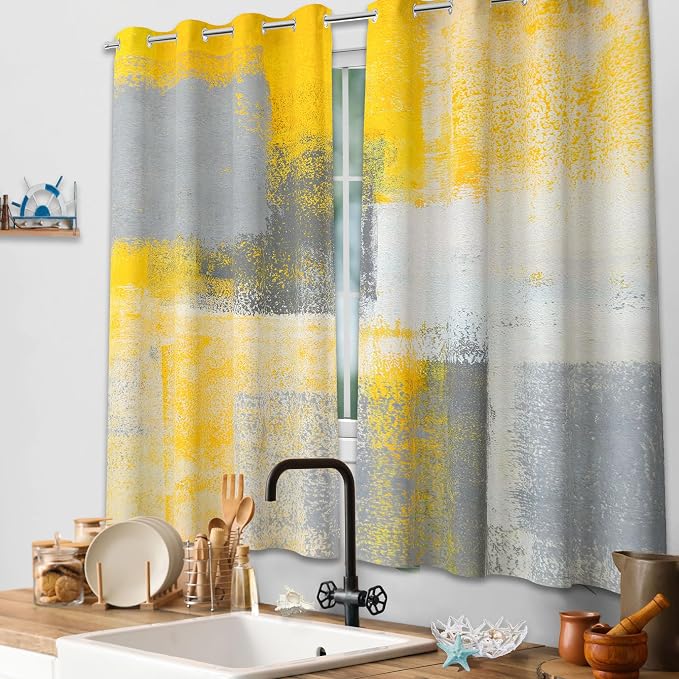 Yellow Window Curtain Yellow Grey Abstract Thermal Insulating Drapes Rust Art - Image 6