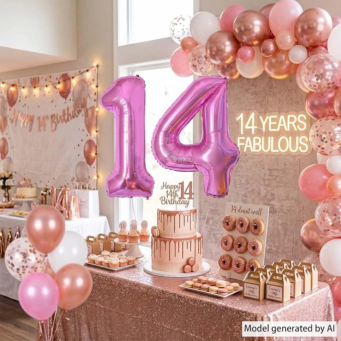 Pink Number 14 Balloon 40 Inch, Shiny Foil Double Digit Party Supplies | - Image 7