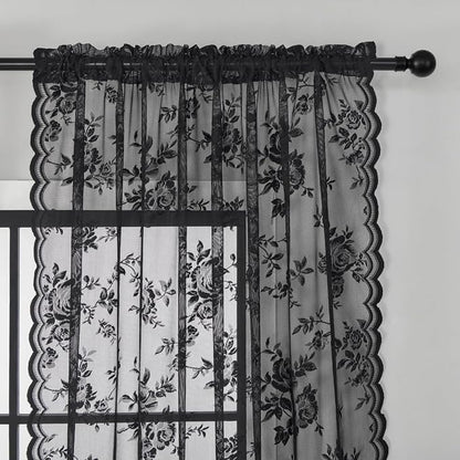Black Lace Curtains 90 Inches Long 2 Panels Vintage Gothic Floral Lace Curtains - Image 3