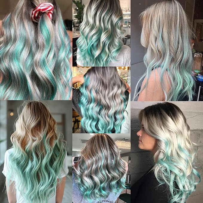 16 Pcs Mint Green Hair Extensions Curly Wavy Clip in Synthetic Hair Extensions,Colorful Party Highlights Hairpiece Streak for Girls Women Kids Cosplay Party Christmas Gift(Light Green)