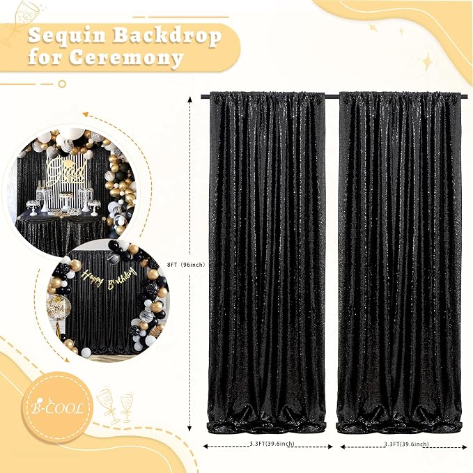 Black Sequin Backdrop Curtains 2 Pcs 3.3ftx8ft Sparkle Backdrop Fabric | - Image 2