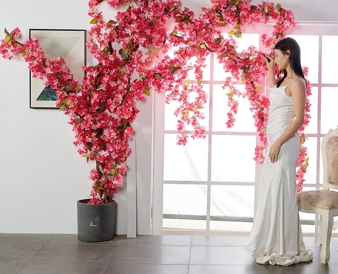 Artificial Flower Garland 2pcs 5.6ft Hydrangea Vine Decor, Dark Pink Flower | - Image 6