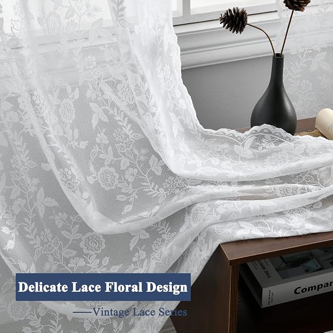 FINECITY White Lace Curtains for Living Room Rustic Floral 52x96 Inch 2 Pcs | - Image 7