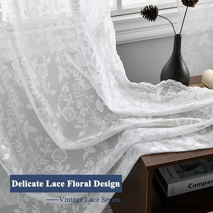 FINECITY White Lace Curtains for Living Room Rustic Floral 52x96 Inch 2 Pcs | - Image 7