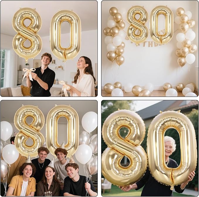 Champagne Gold Large Number 80 Balloon, 40 Inch Light Gold Foil Helium Number - Image 7
