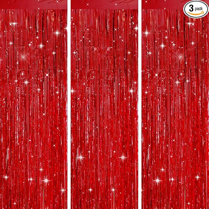 jijAcraft Red Tinsel Foil Fringe Curtain, 3 Pack 3.2x6.5 Feet Metallic Red by jijAcraft