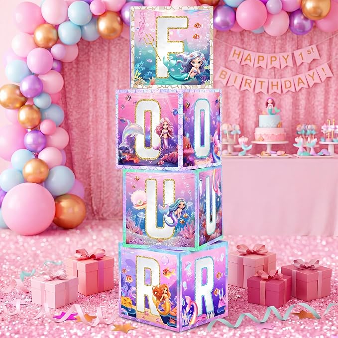 4 Pcs 4th Mermaid Birthday Decorations Four Birthday Balloon Boxes Mermaid by Unknown