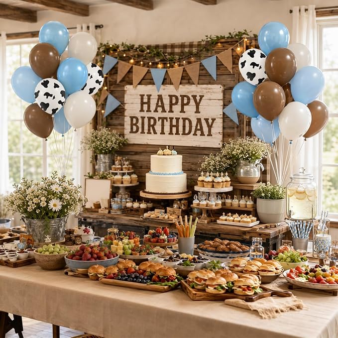 12inch Cowboy Balloons with Brown Light Blue White Cow Print Balloons | My - Image 7