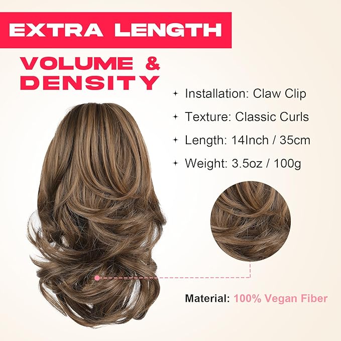 Ponytail Extension - 14" Claw Clip in Ponytail Hair Extensions Natural Soft Synthetic Layered Wavy Pony Tail Hair Pieces for Women - Chocolate Brown with Highlights