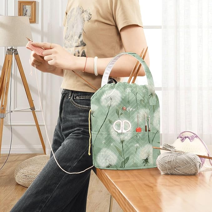 Dreamy Green Dandelions Yarn Bag Small Crochet Bag Drawstring Yarn Storage - Image 6