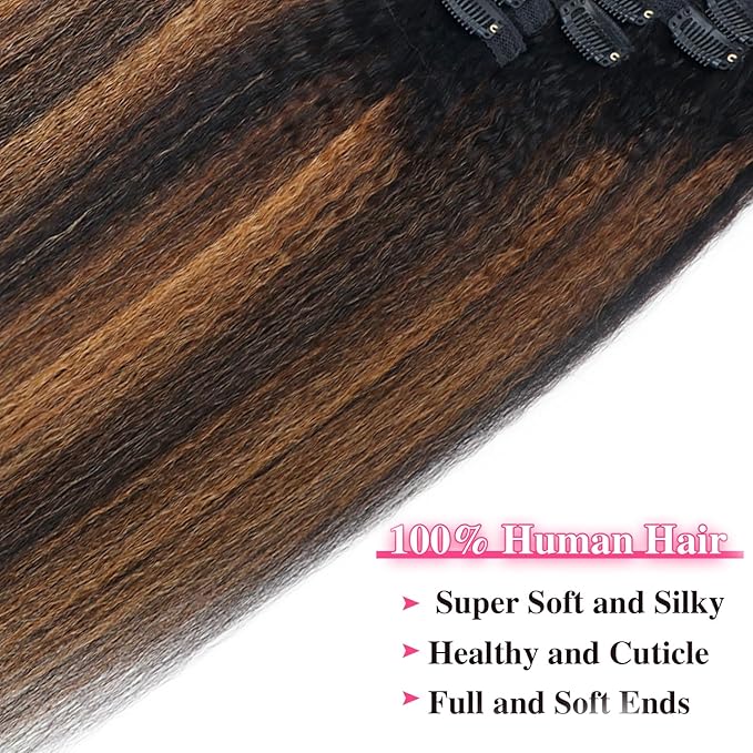 T1BP1B/30 Kinky Straight Clip in Hair Extensions Real Human Hair Colorful Omber Kinky Straight Clip ins 12 Inch Clip on Hair for Full Head, Wear and Go Kinky Clip ins