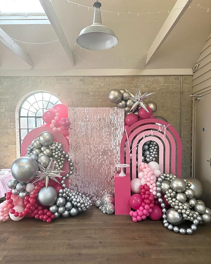Pink and Silver Balloons, 12 Inch Hot Pink Pastel Latex Balloon Metallic Chrome - Image 4