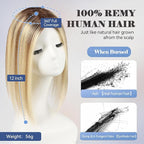 HAIRCUBE Hair Toppers 100% Real Human Hair,Ombre Blonde with Brown Highlight, 5.5"*5"MONO Large Base, 56g Hand-moven Real Human HairToppers for Women with ThinningHair